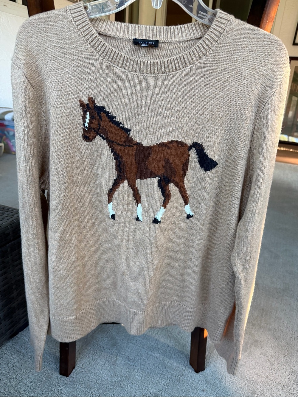 Talbots Horse Intarsia Sweater Women’s Large Equestrian Beige Crew Neck Knit - Picture 2 of 6